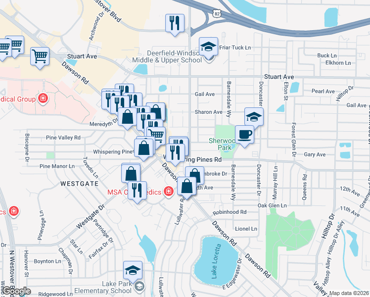 map of restaurants, bars, coffee shops, grocery stores, and more near 2103 Nottingham Way in Albany