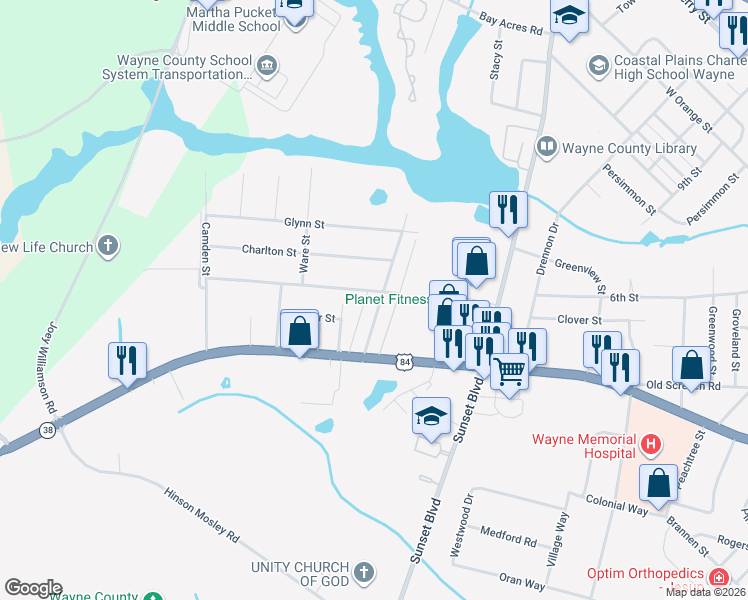 map of restaurants, bars, coffee shops, grocery stores, and more near 155 Pierce Street in Jesup