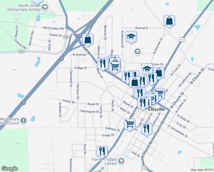 map of restaurants, bars, coffee shops, grocery stores, and more near 103 Camp Street in Ellisville
