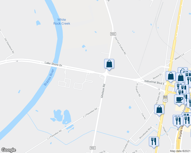 map of restaurants, bars, coffee shops, grocery stores, and more near 2601 Lake Shore Drive in Waco