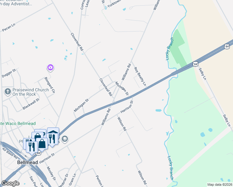 map of restaurants, bars, coffee shops, grocery stores, and more near Williams Drive in Bellmead