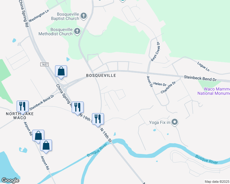 map of restaurants, bars, coffee shops, grocery stores, and more near Mammoth Springs Drive in Waco