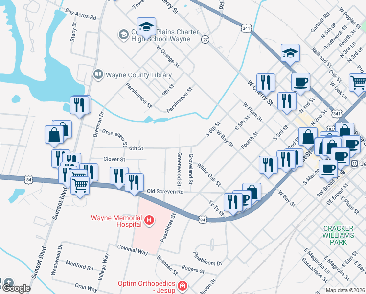 map of restaurants, bars, coffee shops, grocery stores, and more near 184 Greenwood Street in Jesup