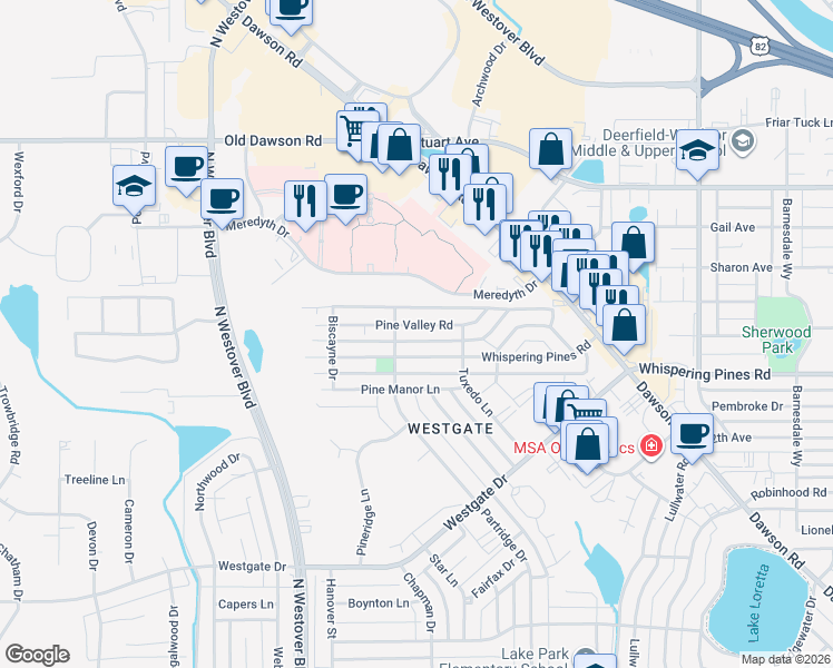 map of restaurants, bars, coffee shops, grocery stores, and more near 2617 Whispering Pines Road in Albany