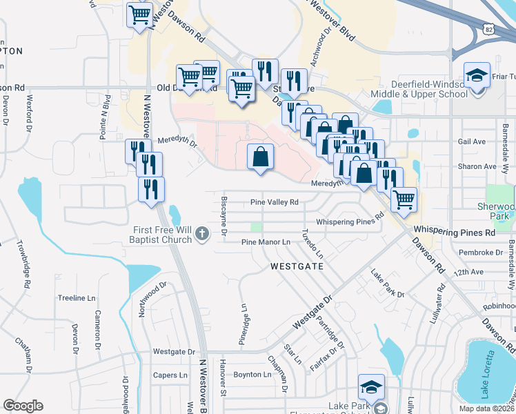 map of restaurants, bars, coffee shops, grocery stores, and more near 2701 Whispering Pines Road in Albany