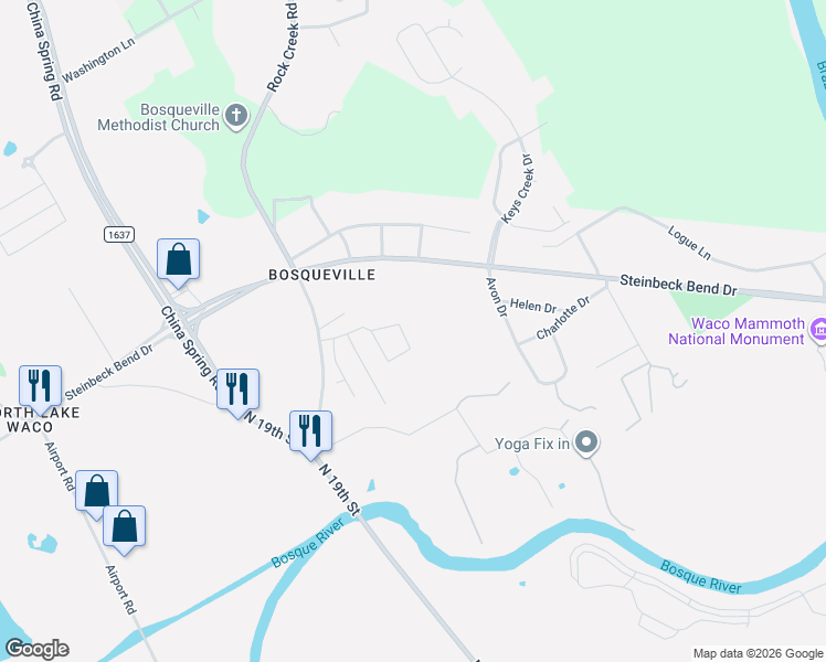map of restaurants, bars, coffee shops, grocery stores, and more near 6501 Mammoth Springs Drive in Waco