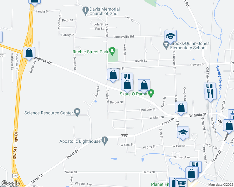 map of restaurants, bars, coffee shops, grocery stores, and more near 1519 Douglass Road in Nacogdoches