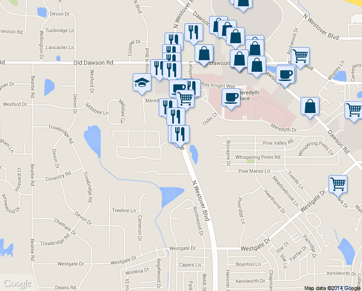 map of restaurants, bars, coffee shops, grocery stores, and more near 532 North Westover Boulevard in Albany