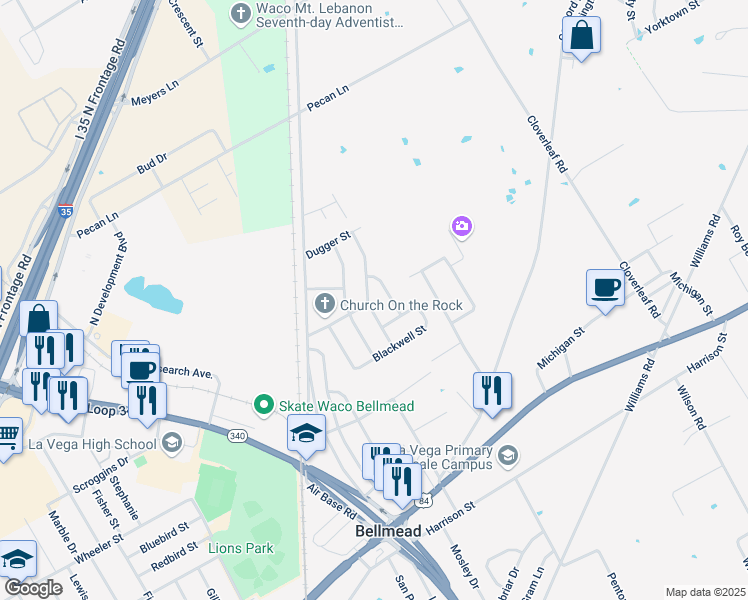 map of restaurants, bars, coffee shops, grocery stores, and more near 1206 Timberline Street in Waco
