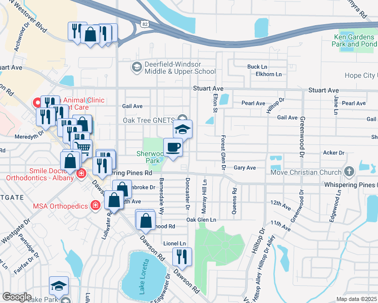 map of restaurants, bars, coffee shops, grocery stores, and more near 2201 Doncaster Drive in Albany