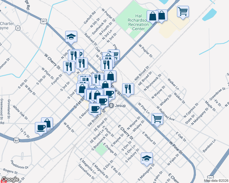 map of restaurants, bars, coffee shops, grocery stores, and more near 690-698 North Macon Street in Jesup