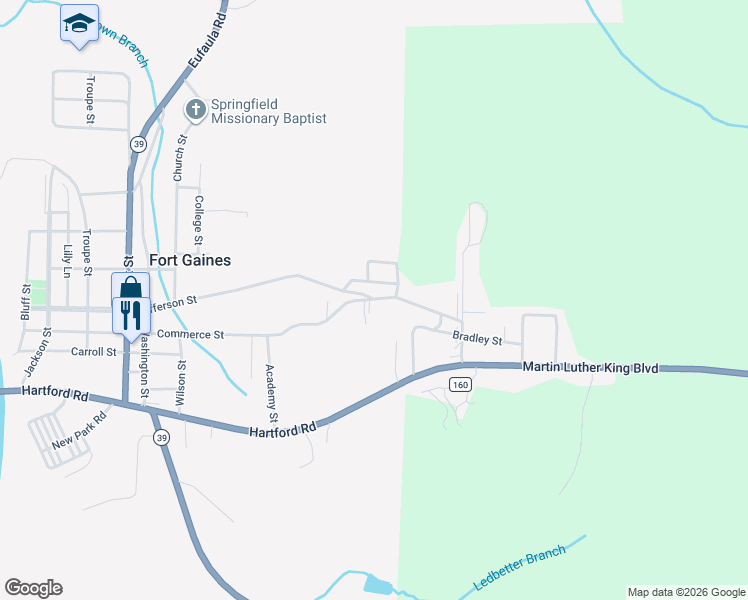 map of restaurants, bars, coffee shops, grocery stores, and more near 609 Commerce Street in Fort Gaines