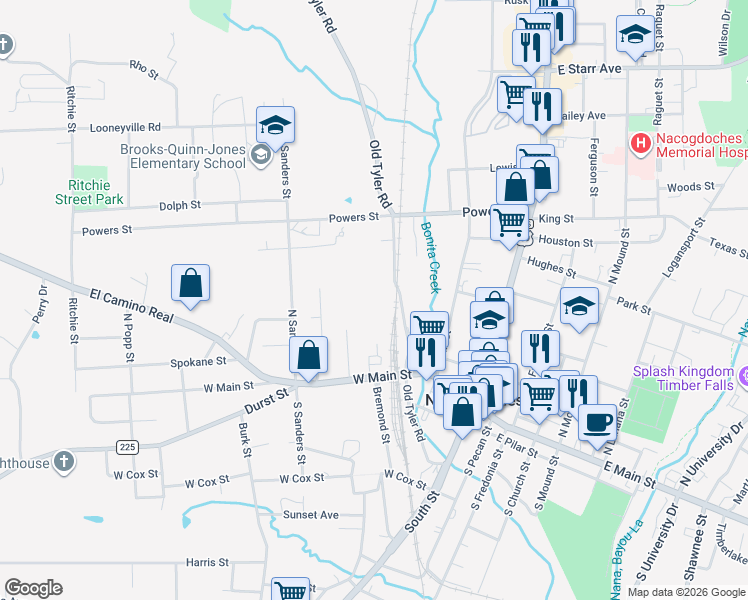 map of restaurants, bars, coffee shops, grocery stores, and more near 15 Austin Hollow Circle in Nacogdoches