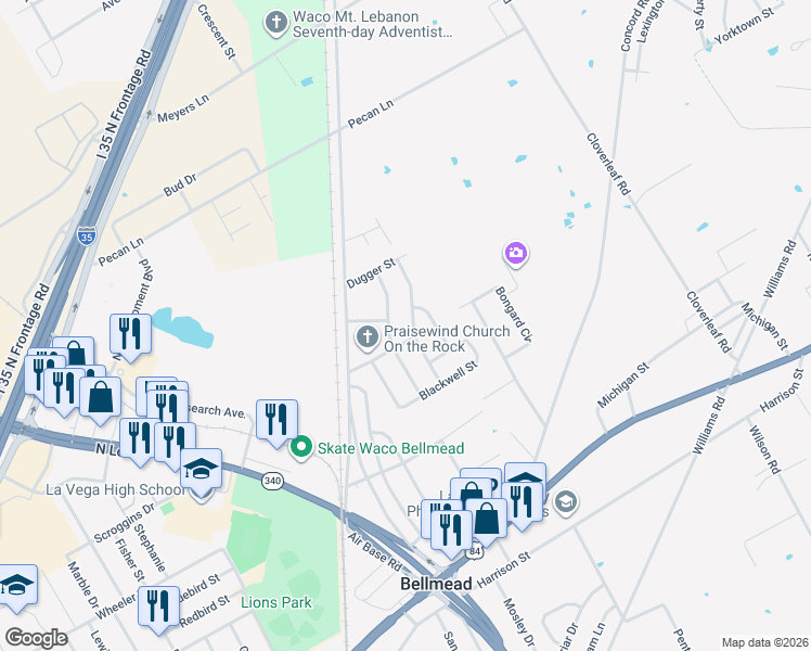 map of restaurants, bars, coffee shops, grocery stores, and more near 1206 Timberline Street in Waco