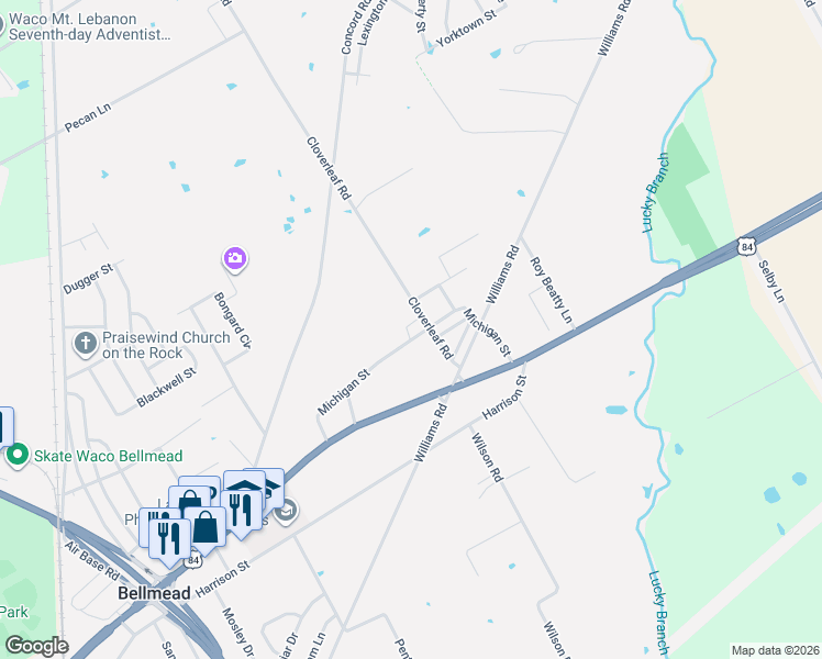 map of restaurants, bars, coffee shops, grocery stores, and more near 1104 Cloverleaf Road in Waco