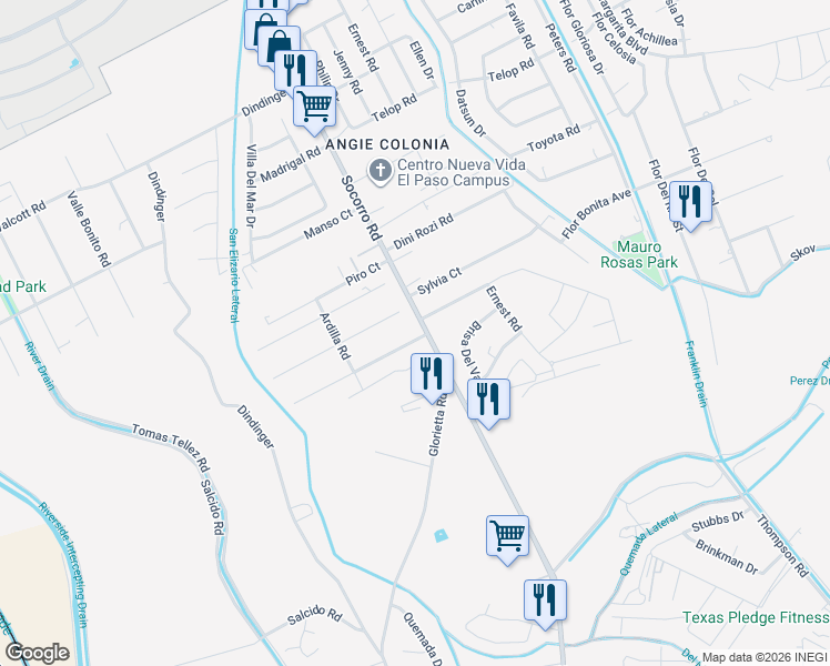 map of restaurants, bars, coffee shops, grocery stores, and more near 605 Fray Vargas Road in Socorro