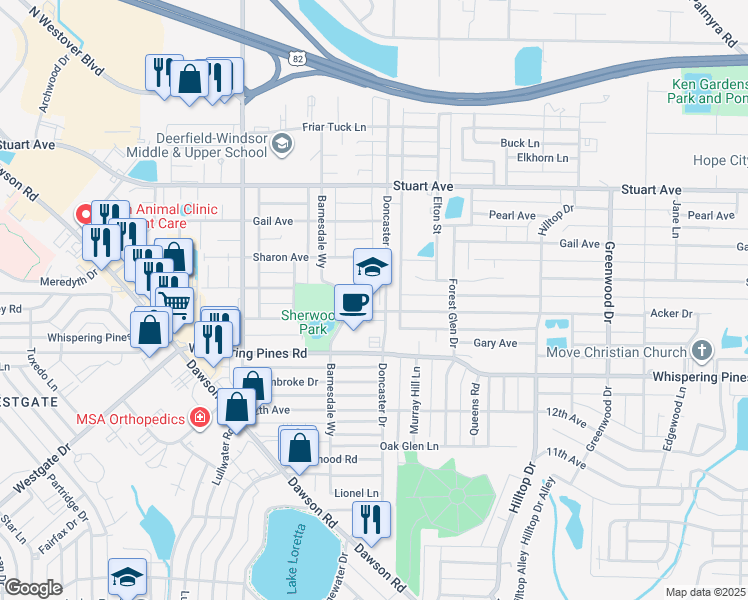 map of restaurants, bars, coffee shops, grocery stores, and more near 2201 Doncaster Drive in Albany