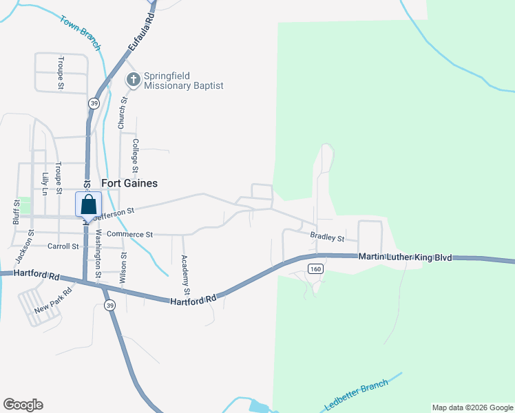 map of restaurants, bars, coffee shops, grocery stores, and more near 609 Commerce Street in Fort Gaines