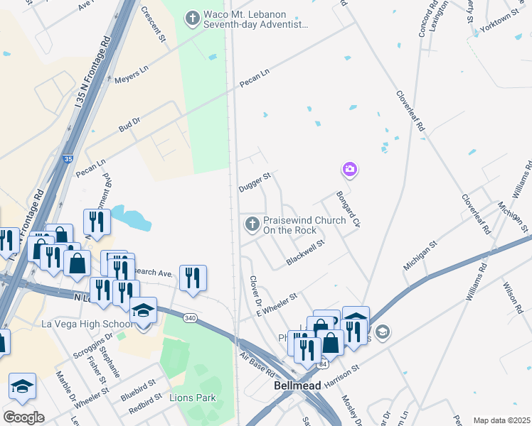 map of restaurants, bars, coffee shops, grocery stores, and more near 4304 Bellcrest Street in Waco