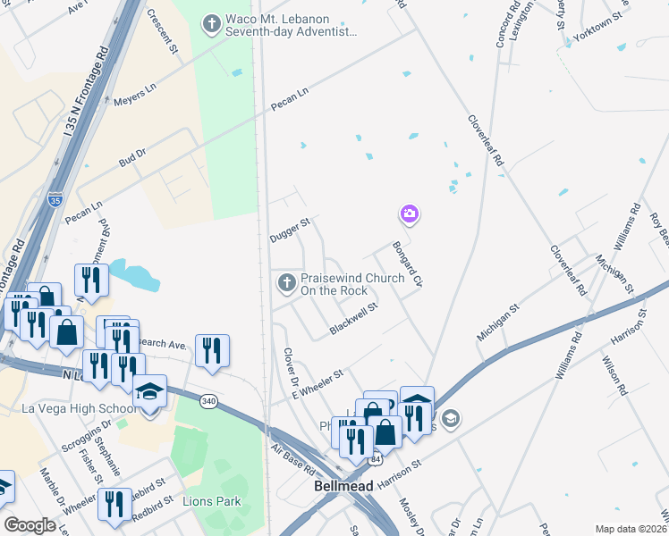 map of restaurants, bars, coffee shops, grocery stores, and more near 1206 Timberline Street in Waco