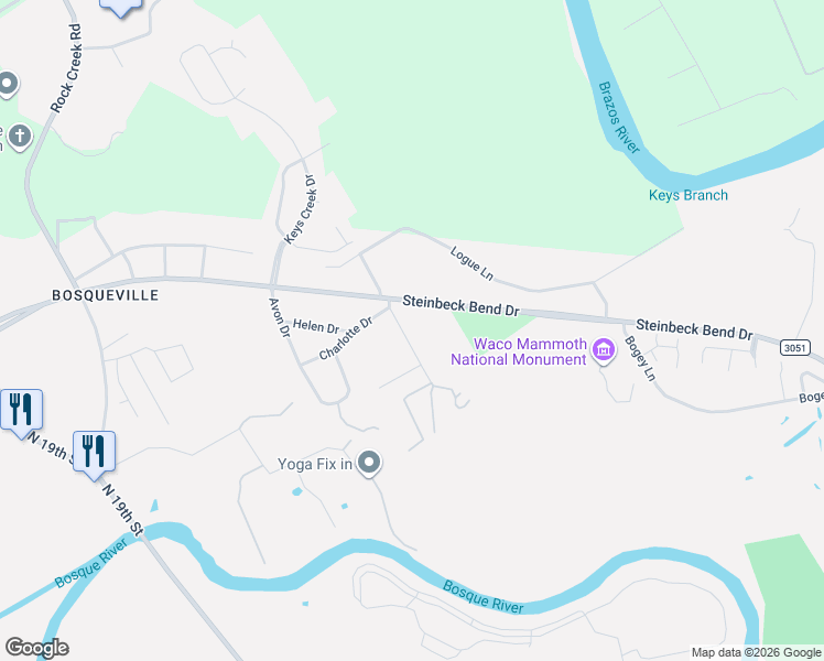 map of restaurants, bars, coffee shops, grocery stores, and more near 6305 Sydney Drive in Waco