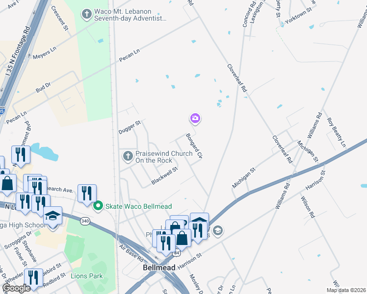 map of restaurants, bars, coffee shops, grocery stores, and more near 1221 Bongard Circle in Waco