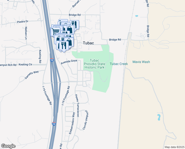 map of restaurants, bars, coffee shops, grocery stores, and more near 136 Calle Barrio De Tubac in Tubac