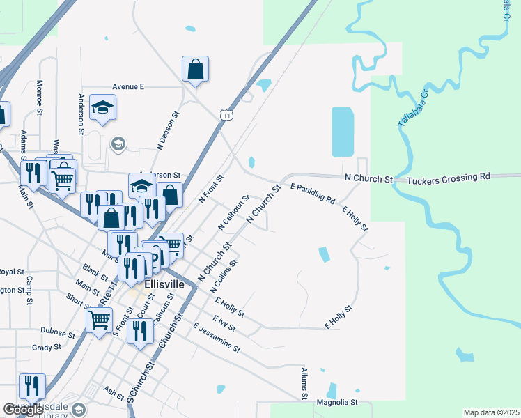 map of restaurants, bars, coffee shops, grocery stores, and more near 401 North Church Street in Ellisville