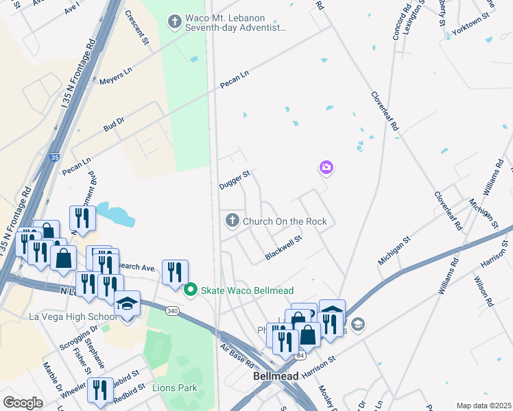 map of restaurants, bars, coffee shops, grocery stores, and more near 1206 Timberline St in Waco