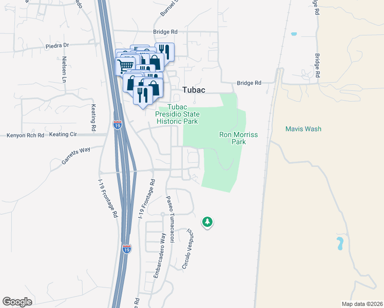 map of restaurants, bars, coffee shops, grocery stores, and more near 30 Circulo Diego Rivera in Tubac
