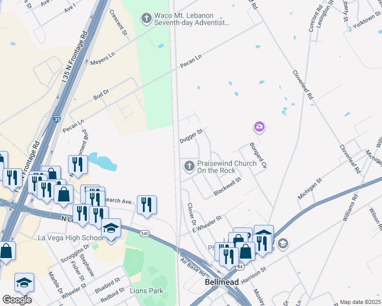 map of restaurants, bars, coffee shops, grocery stores, and more near 4304 Bellcrest Street in Waco