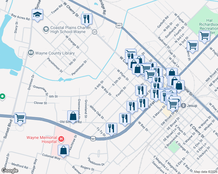 map of restaurants, bars, coffee shops, grocery stores, and more near 324 South 5th Street in Jesup