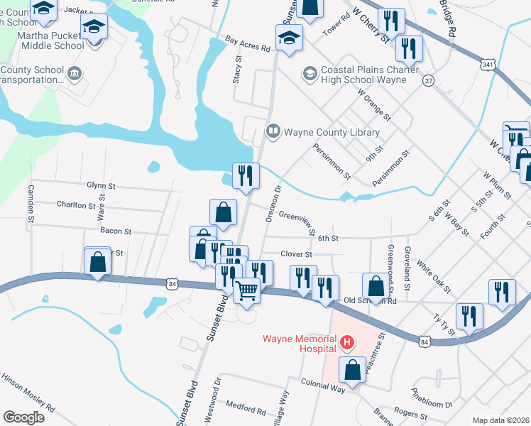 map of restaurants, bars, coffee shops, grocery stores, and more near 235 Drennon Drive in Jesup