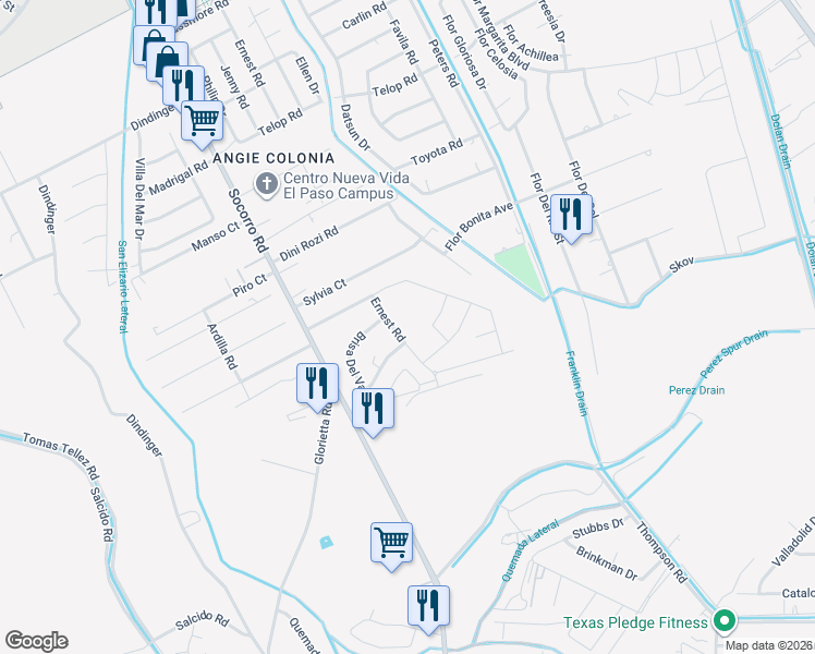 map of restaurants, bars, coffee shops, grocery stores, and more near 11771 Ernest Road in Socorro