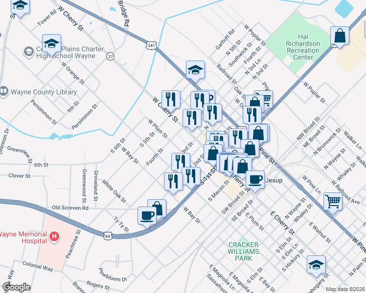 map of restaurants, bars, coffee shops, grocery stores, and more near 146-160 Sea Island Drive in Jesup