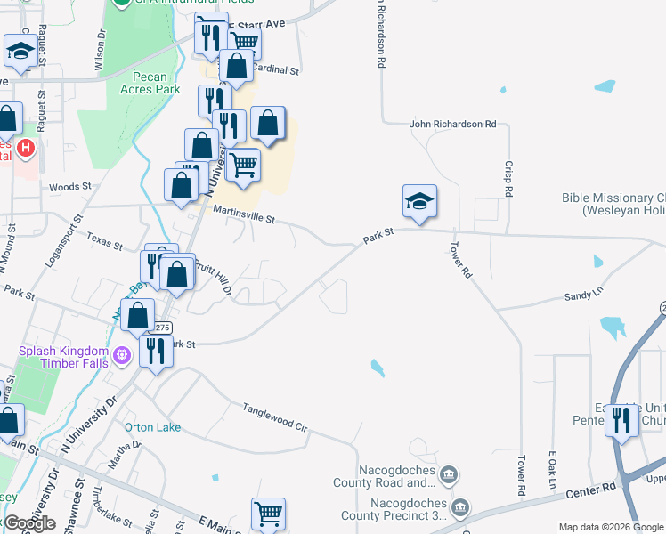 map of restaurants, bars, coffee shops, grocery stores, and more near 1602 Park Street in Nacogdoches