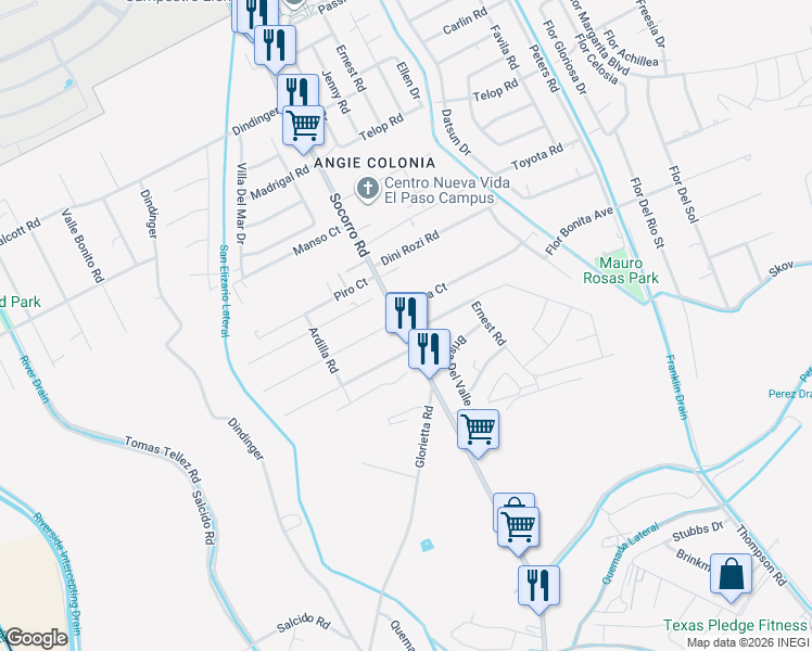 map of restaurants, bars, coffee shops, grocery stores, and more near 605 Fray Vargas Road in Socorro