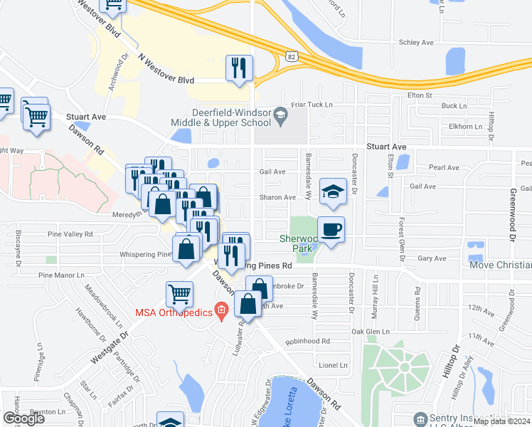 map of restaurants, bars, coffee shops, grocery stores, and more near 2319 Cascade Lane in Albany