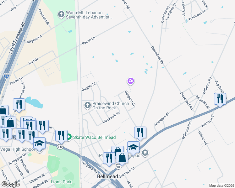 map of restaurants, bars, coffee shops, grocery stores, and more near 1221 Bongard Circle in Waco