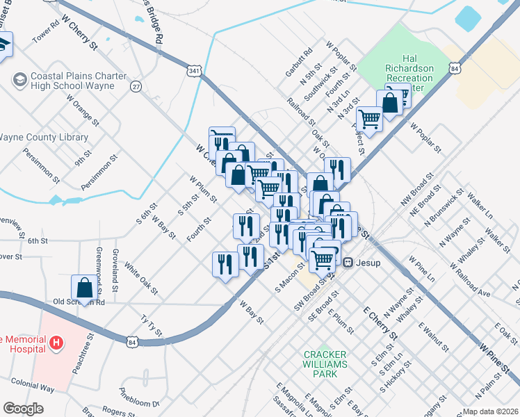 map of restaurants, bars, coffee shops, grocery stores, and more near 160 Sea Island Drive in Jesup