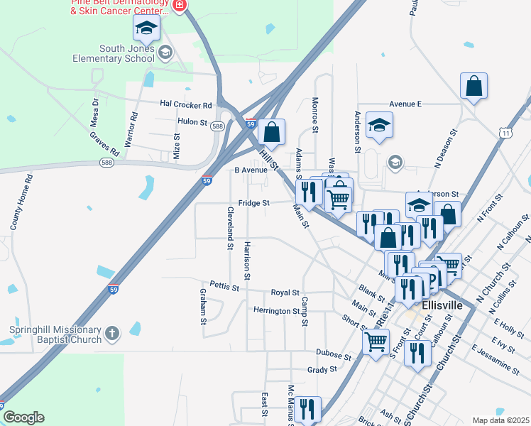 map of restaurants, bars, coffee shops, grocery stores, and more near 905 Fridge Street in Ellisville