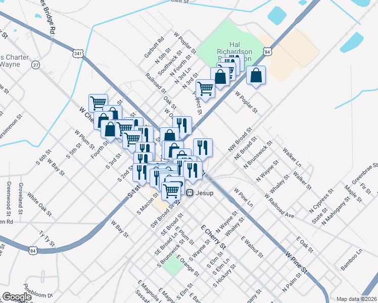 map of restaurants, bars, coffee shops, grocery stores, and more near 362 North 1st Street in Jesup