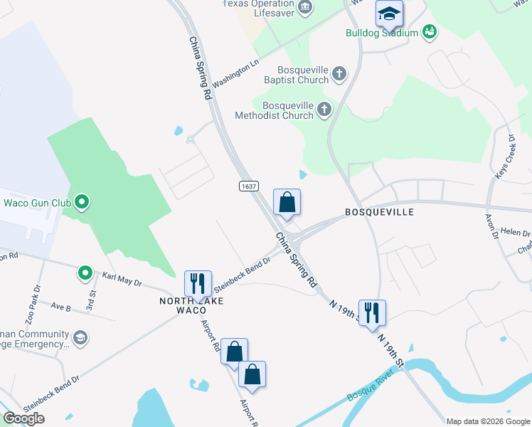 map of restaurants, bars, coffee shops, grocery stores, and more near Farm to Market Road 1637 in Waco