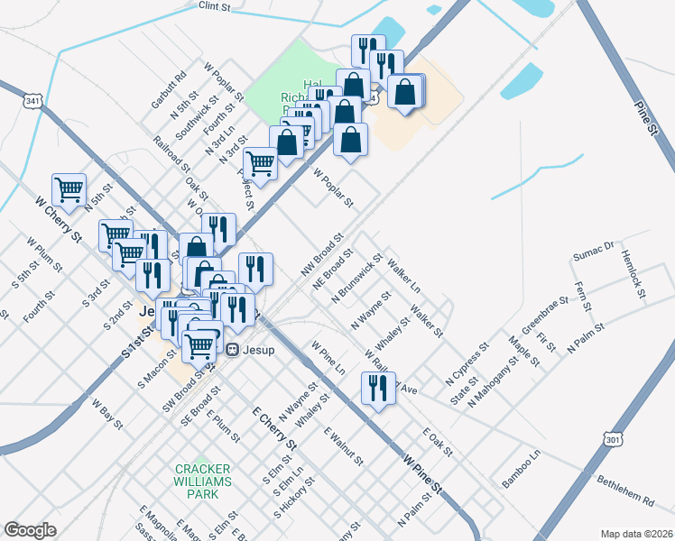 map of restaurants, bars, coffee shops, grocery stores, and more near 447 Northwest Broad Street in Jesup
