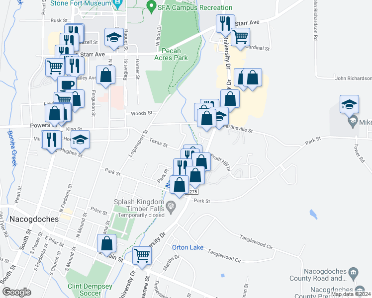 map of restaurants, bars, coffee shops, grocery stores, and more near 916 Cason Street in Nacogdoches