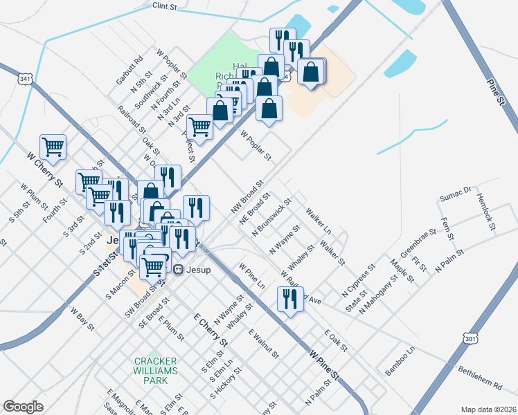 map of restaurants, bars, coffee shops, grocery stores, and more near 117 Church Street in Jesup