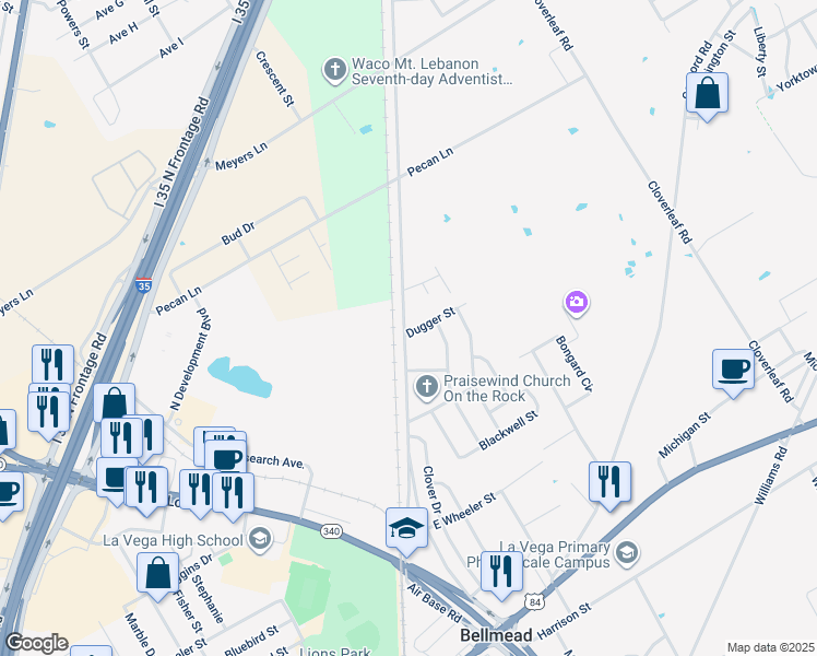 map of restaurants, bars, coffee shops, grocery stores, and more near 1405 Air Base Road in Bellmead