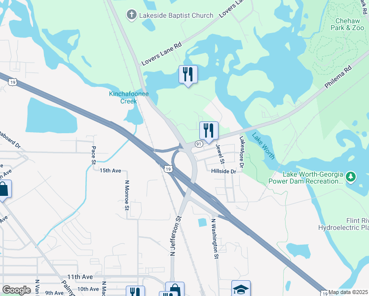 map of restaurants, bars, coffee shops, grocery stores, and more near Georgia 133 in Albany