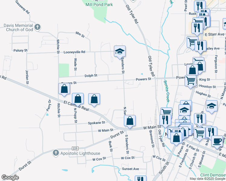 map of restaurants, bars, coffee shops, grocery stores, and more near 929 Herbert Street in Nacogdoches
