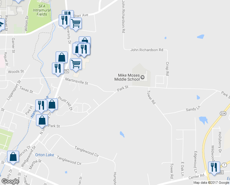 map of restaurants, bars, coffee shops, grocery stores, and more near 1700 Park Street in Nacogdoches